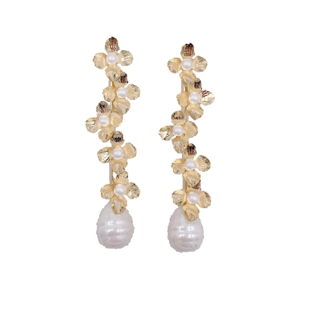 Gold Floral & Pearl Dangle Earrings